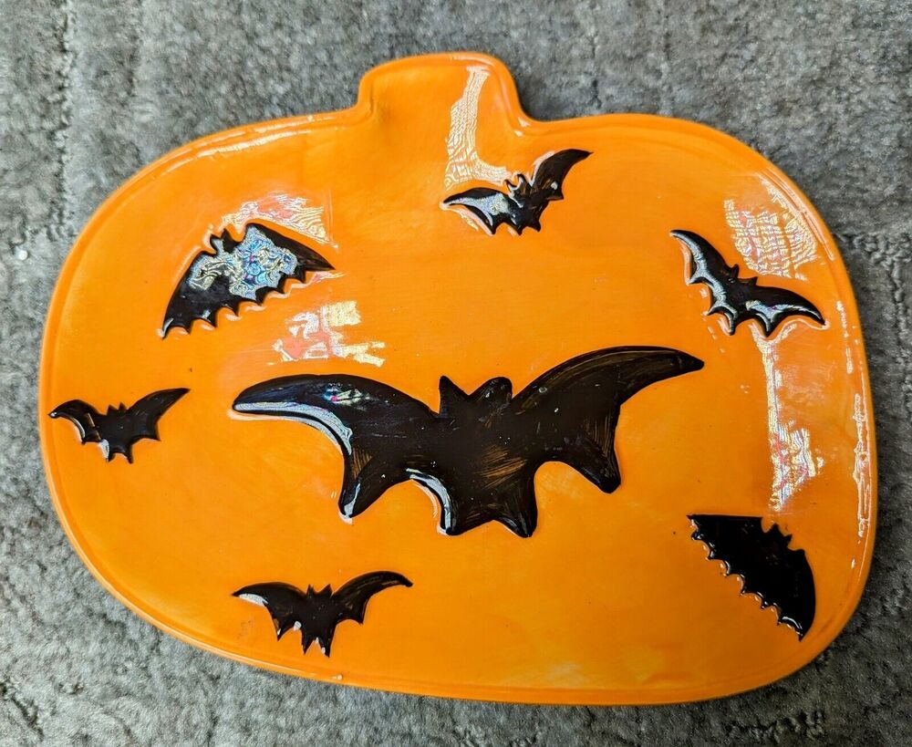 Halloween Bat Candy Dish 2008 HALLOWEEN DECOR orange pumpkin black bats 8x6.5 in